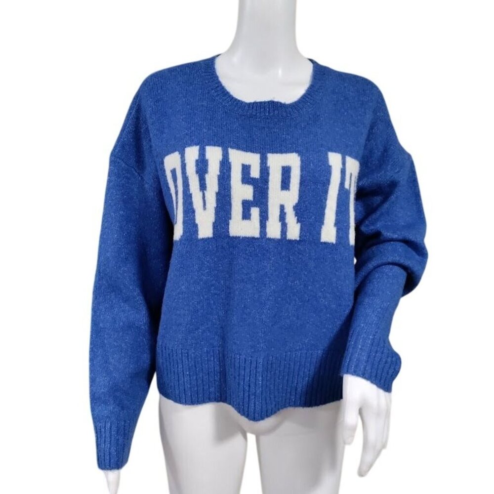 NWOT Y2K Cropped Over It Conversation Knit Sweater Pullover Blue Womens Size M